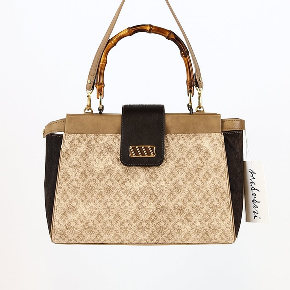 Andalossi NWT Golden Meadow Cappuccino leather calf hair bamboo crossbody bag - Picture 2 of 16